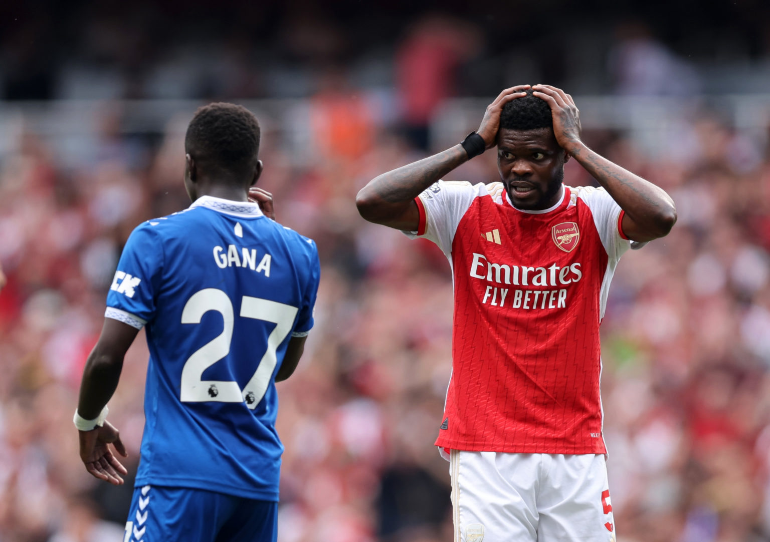 Thomas Partey of Arsenal reacts after missing a chance during the Premier League match between Arsenal FC and Everton FC at Emirates Stadium on May...