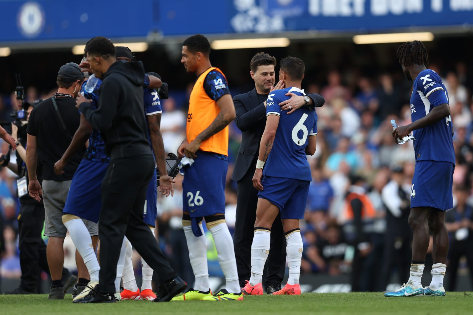 Mauricio Pochettino embraces Thiago Silva of Chelsea after the team's victory and his final appearance for Chelsea during the Premier League match ...