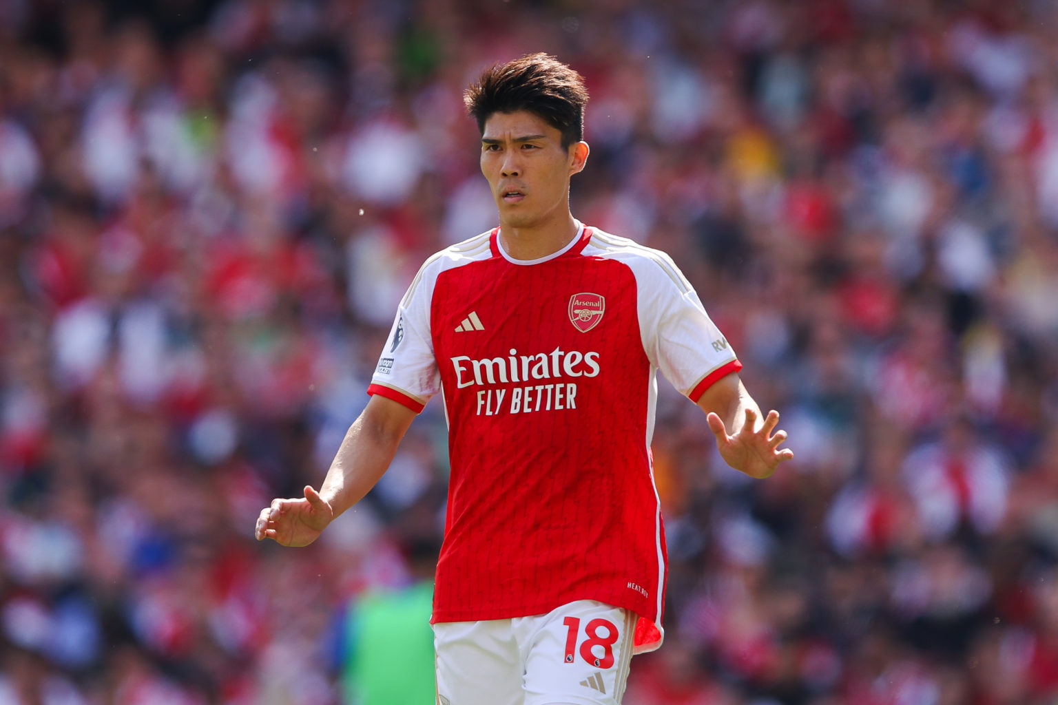 Takehiro Tomiyasu of Arsenal 
during the Premier League match between Arsenal FC and Everton FC at Emirates Stadium on May 19, 2024 in London, Engl...