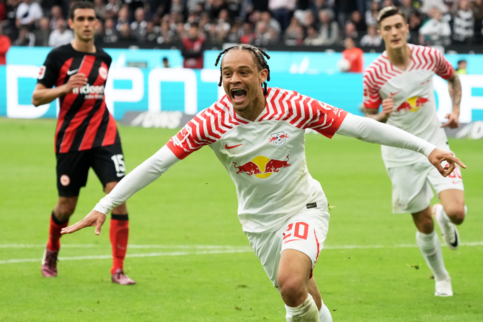 Xavi Simons of RB Leipzig celebrates during the Bundesliga match between Eintracht Frankfurt and RB Leipzig at Deutsche Bank Park on May 18, 2024 i...