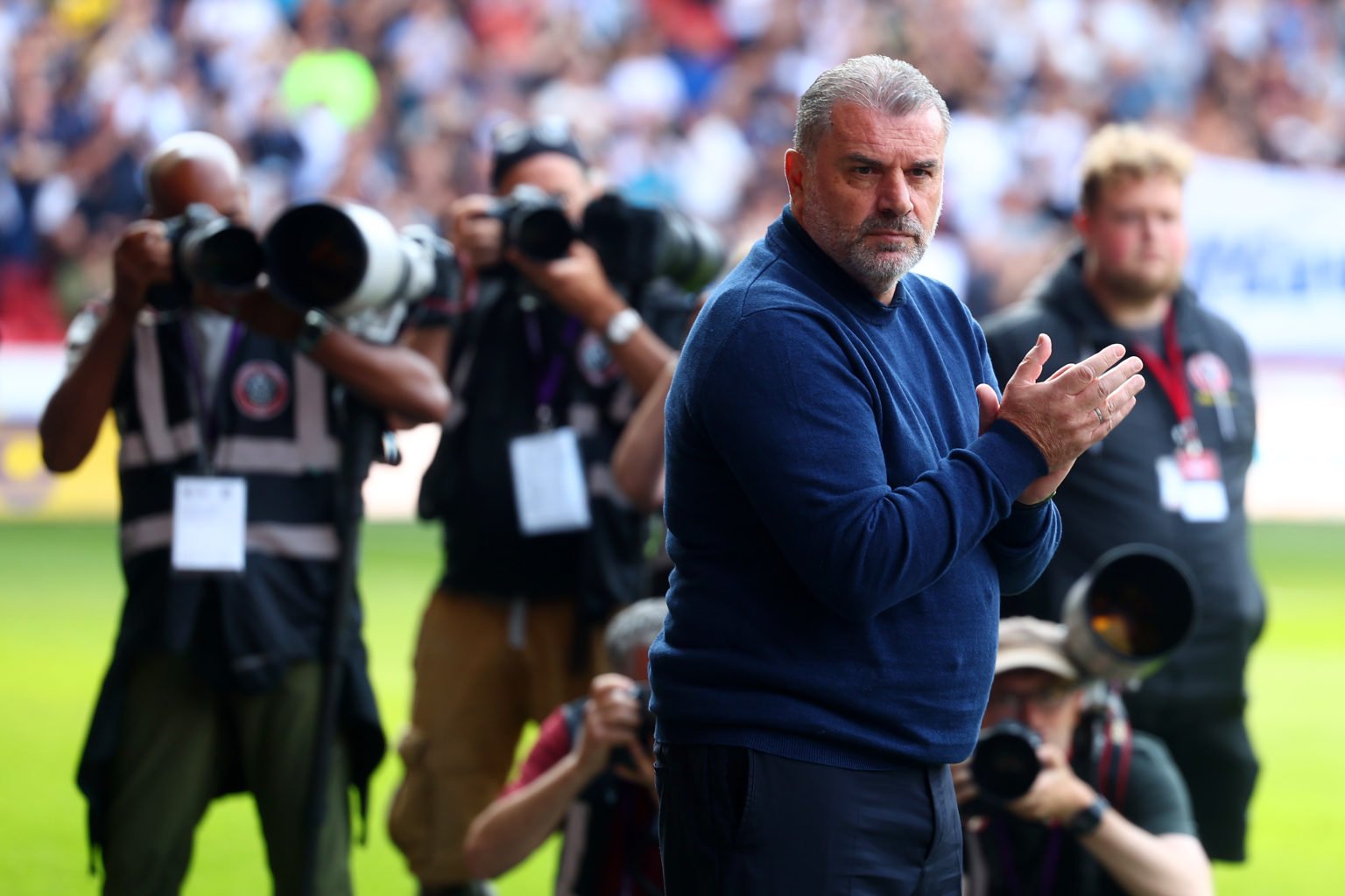 Tottenham Hotspur manager Ange Postecoglu looks on during the Premier League match between Sheffield United and Tottenham Hotspur at Bramall Lane o...