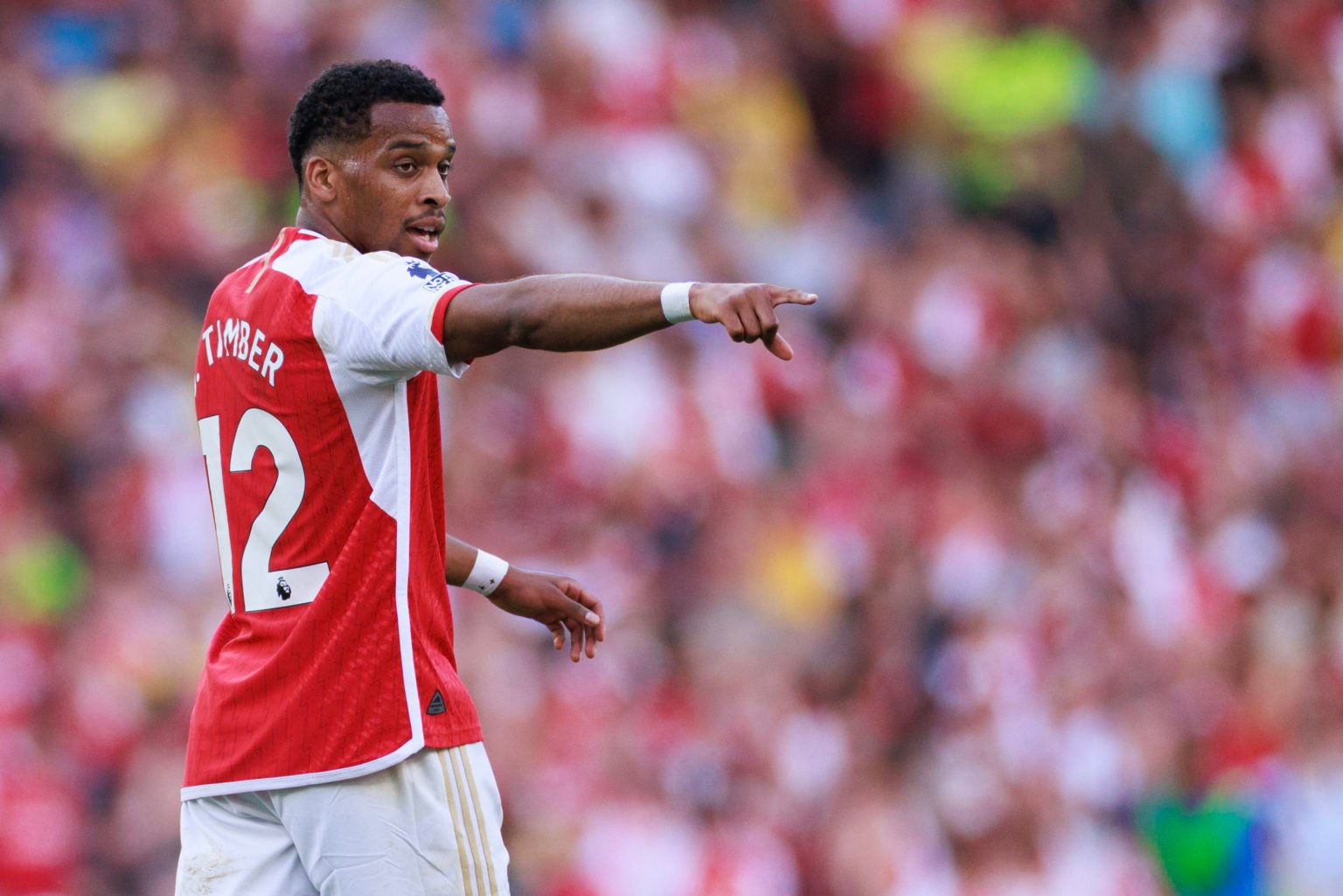 Jurrien Timber of Arsenal during the Premier League match between Arsenal FC and Everton FC at Emirates Stadium on May 19, 2024 in London, England.