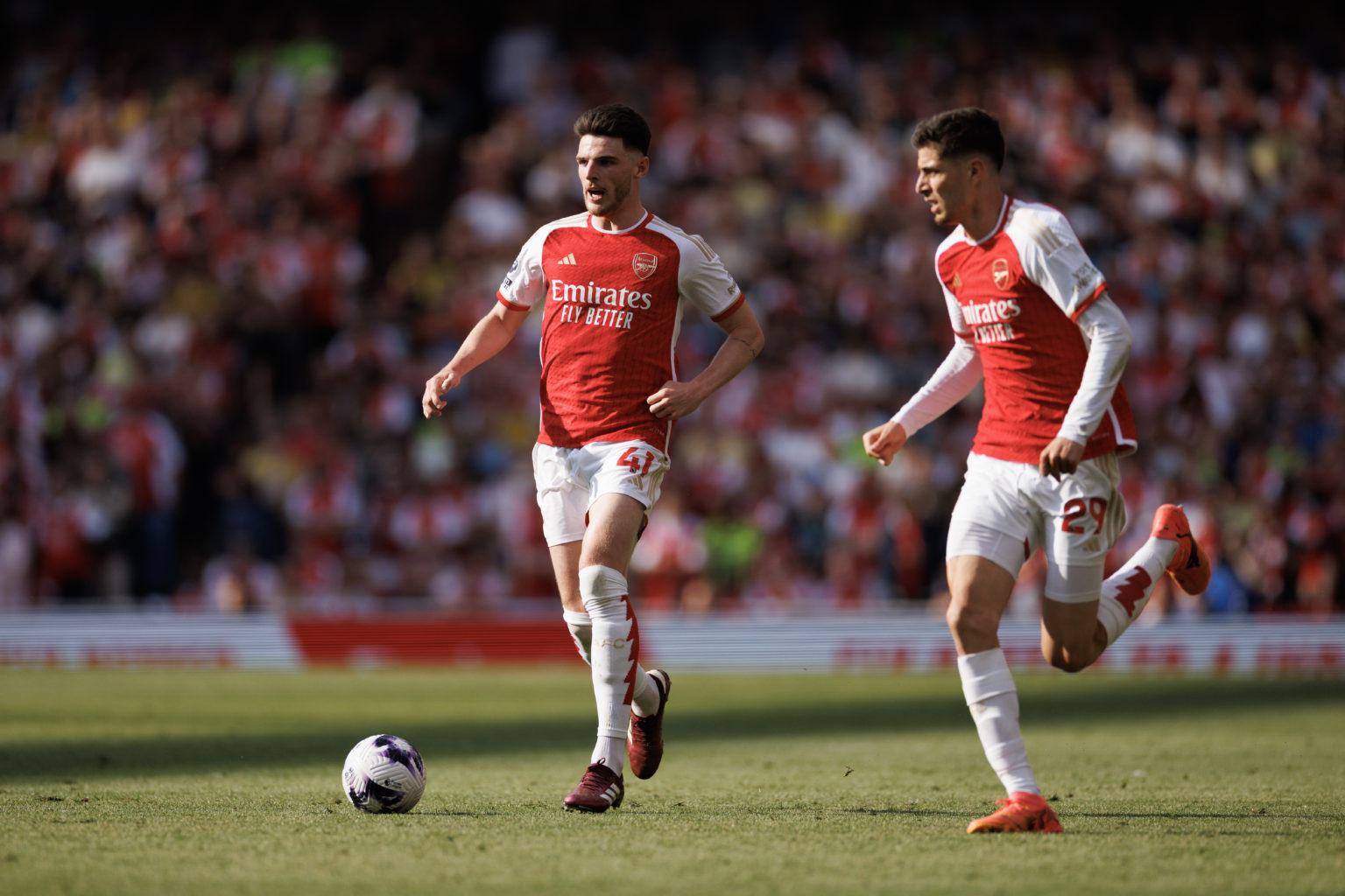 Declan Rice and Kai Havertz of Arsenal during the Premier League match between Arsenal FC and Everton FC at Emirates Stadium on May 19, 2024 in Lon...