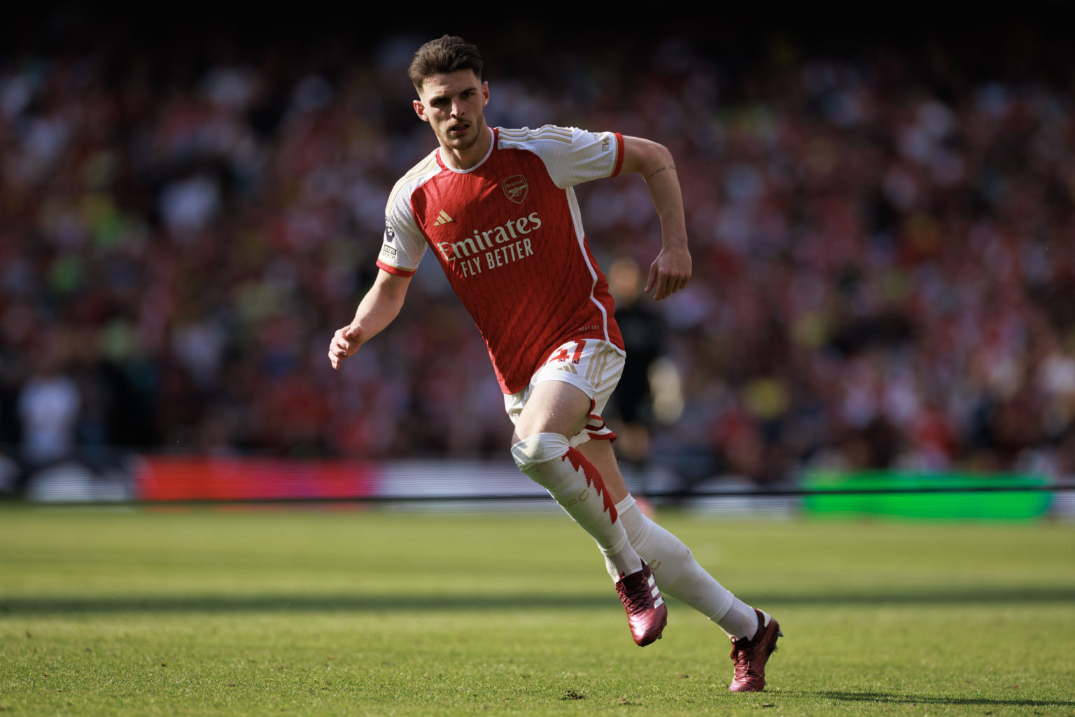 Declan Rice of Arsenal during the Premier League match between Arsenal FC and Everton FC at Emirates Stadium on May 19, 2024 in London, England.