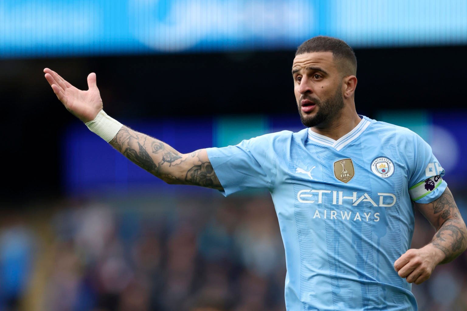 Kyle Walker of Manchester City points during the Premier League match between Manchester City and Wolverhampton Wanderers at Etihad Stadium on May ...