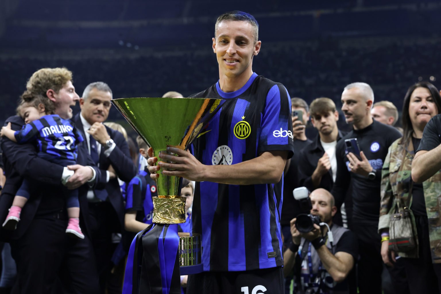 Davide Frattesi of FC Internazionale poses with the trophy as FC Internazionale celebrates it's 20th league title following the Serie A TIM match b...