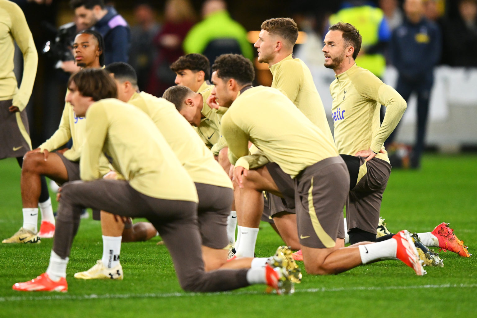 James Maddison stretches during a Tottenham Hotspur FC Open training session at AAMI Park on May 21, 2024 in Melbourne, Australia.