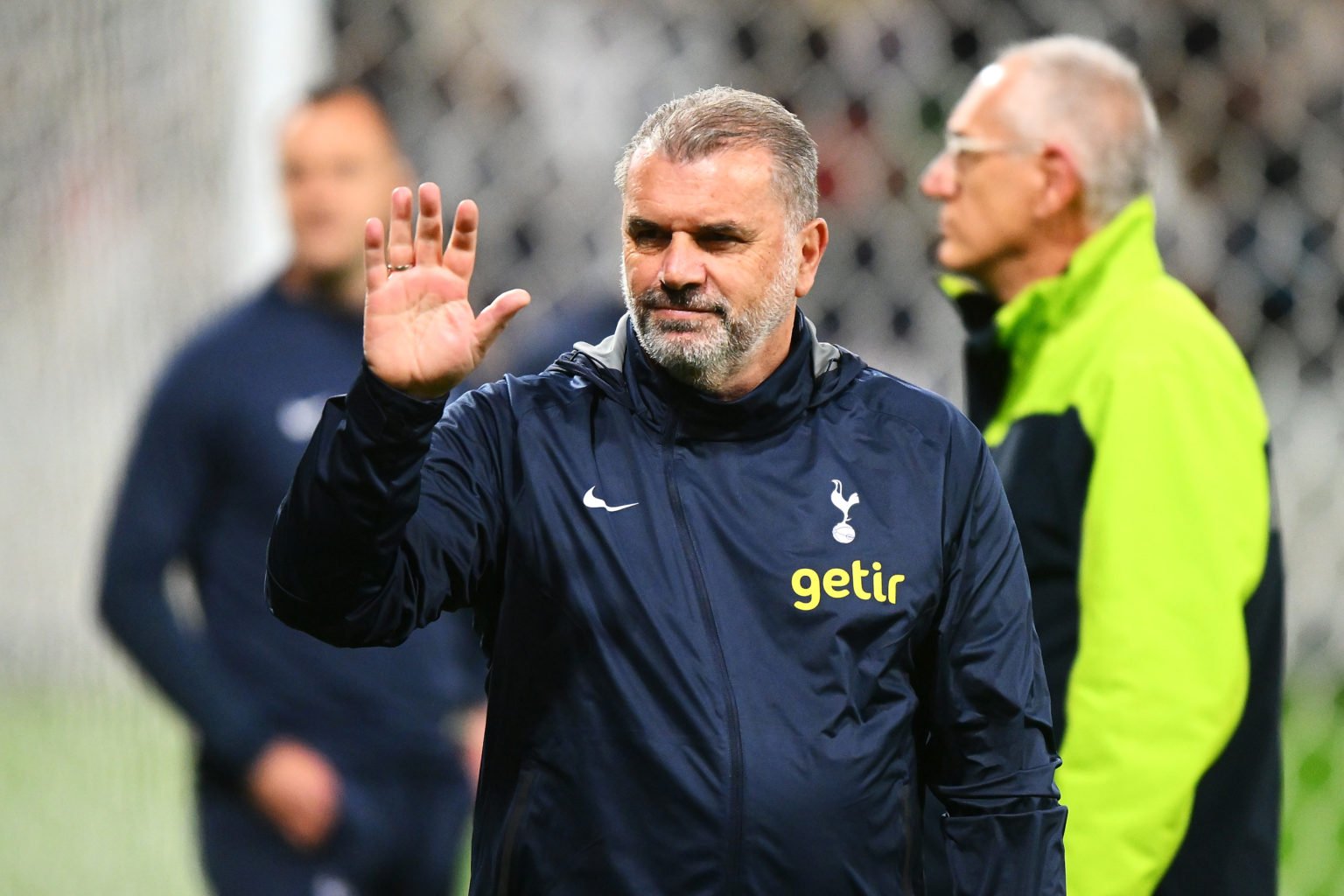 Ange Postecoglou, Manager of Tottenham Hotspur, acknowledges the crowd during a Tottenham Hotspur FC Open training session at AAMI Park on May 21, ...