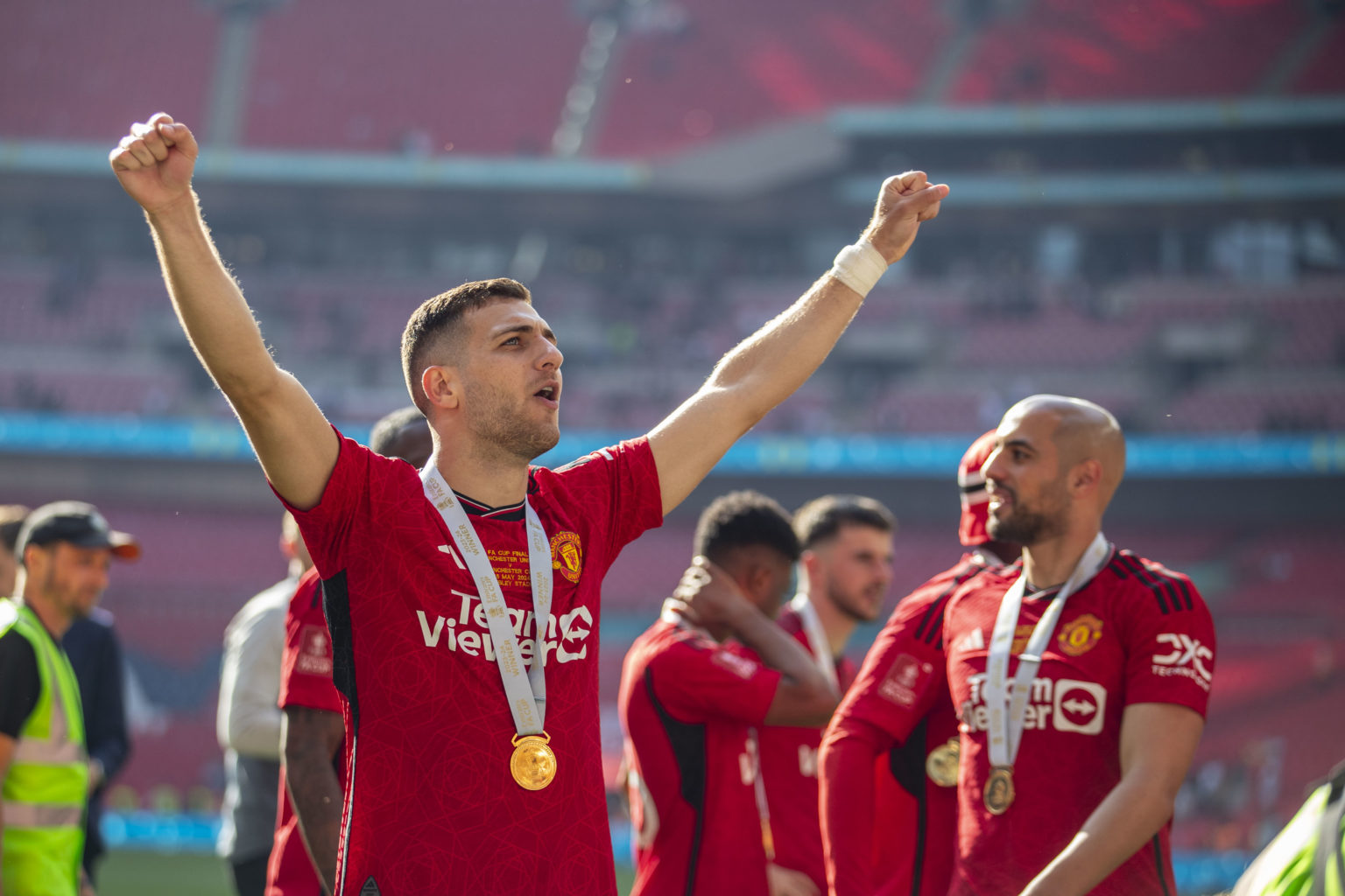 Diogo Dalot #20 of Manchester United is celebrating at full time during the FA Cup Final between Manchester City and Manchester United at Wembley S...