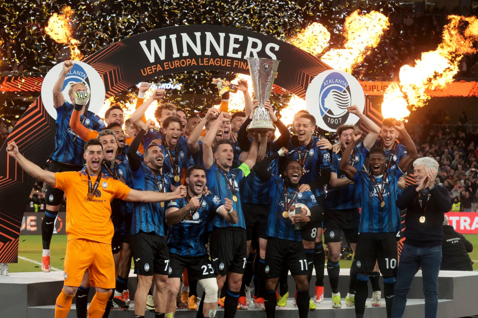 Captain Berat Djimsiti of Atalanta and teammates celebrate the victory during the trophy ceremony following the UEFA Europa League 2023/24 final ma...