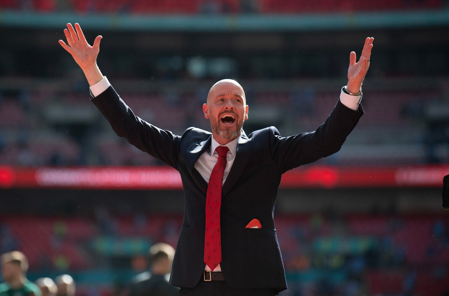 Manchester United Erik ten Hag celebrates after winning the Emirates FA Cup Final match between Manchester City and Manchester United at Wembley St...