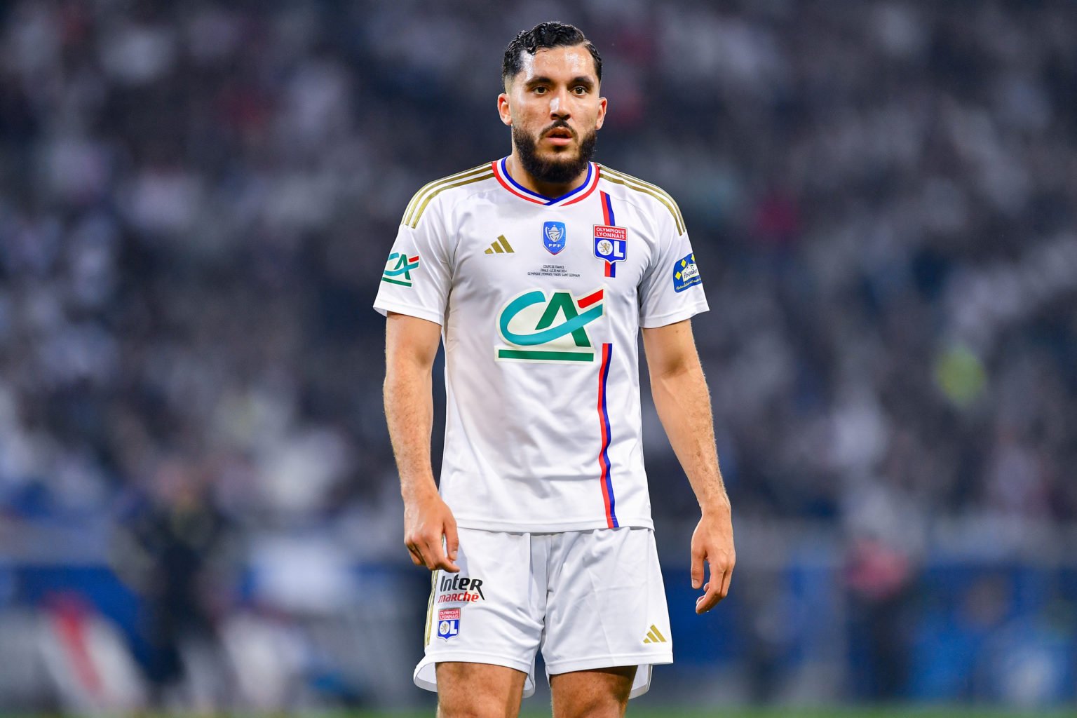 Rayan Cherki of Olympique Lyonnais looks on during the French Cup Final match between Paris Saint-Germain and Olympique Lyonnais at Stade Pierre Ma...