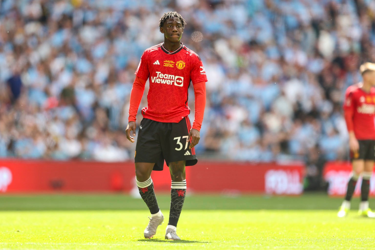 Kobbie Mainoo of Manchester United during the Emirates FA Cup Final match between Manchester City and Manchester United at Wembley Stadium on May 2...