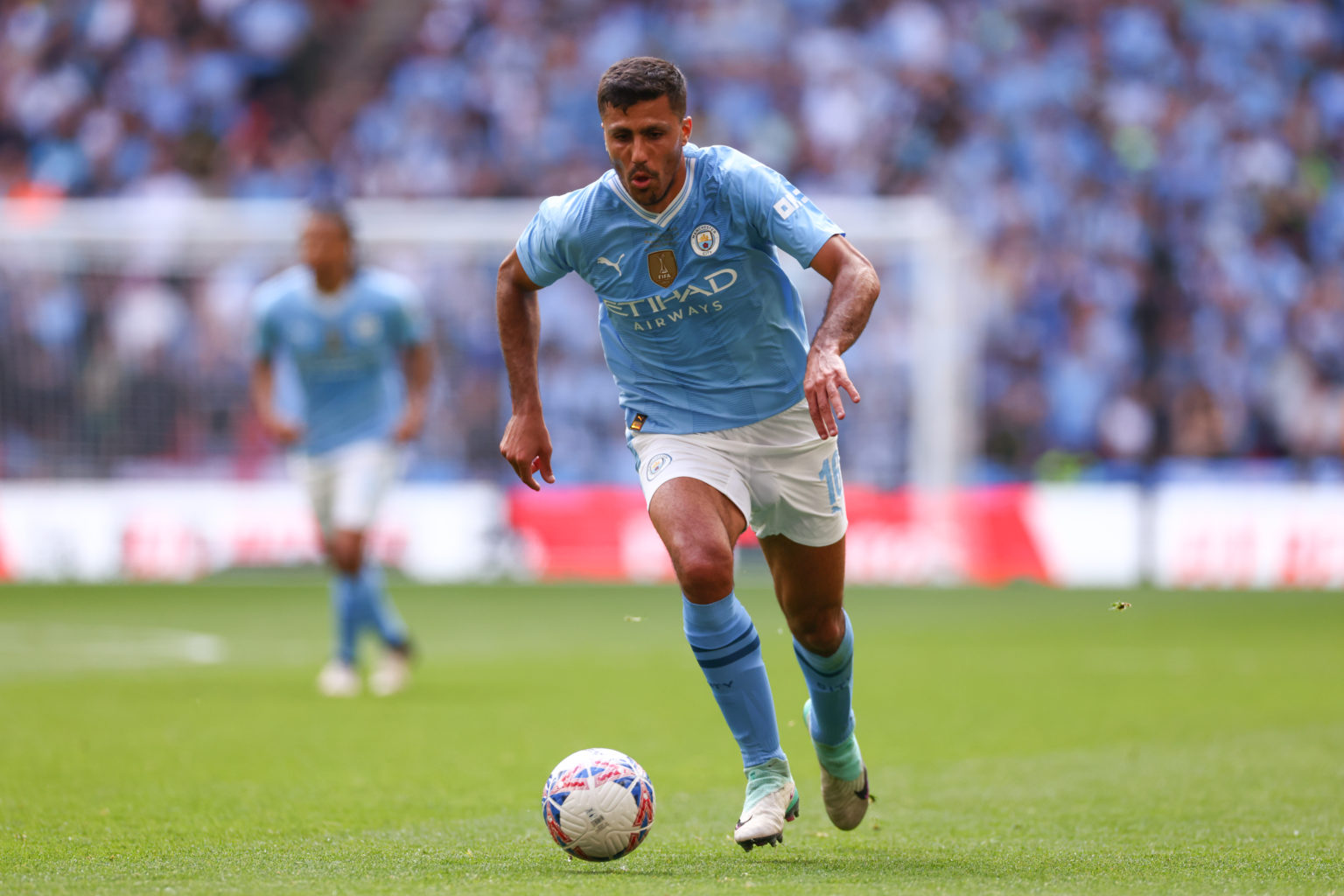 Rodri of Manchester City during the Emirates FA Cup Final match between Manchester City and Manchester United at Wembley Stadium on May 25, 2024 in...