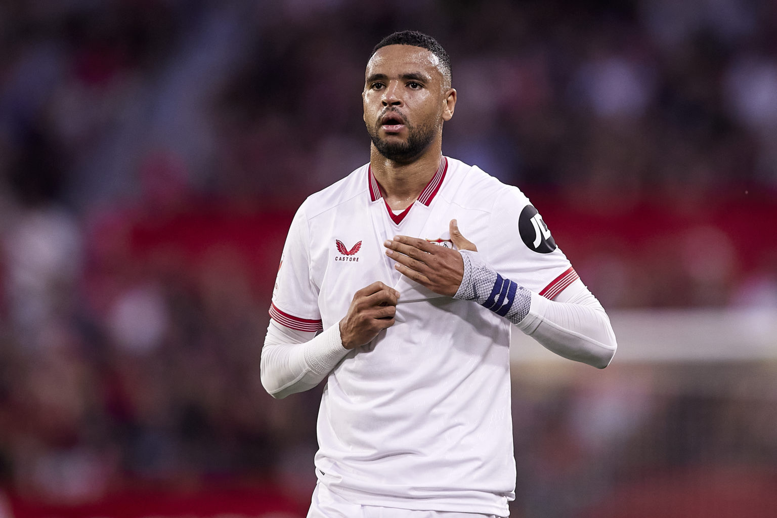 Youssef En Nesyri of Sevilla FC celebrates after scoring their side's first goal during the LaLiga EA Sports match between Sevilla FC and FC Barcel...