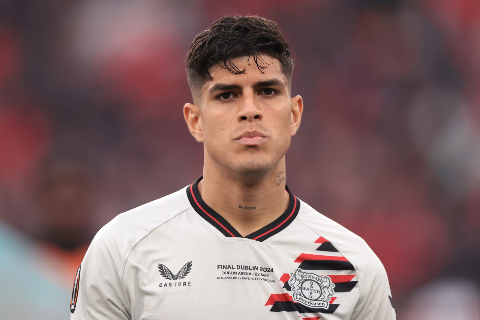 Piero Hincapie of Bayer Leverkusen looks on during the line up prior to the UEFA Europa League 2023/24 final match between Atalanta BC and Bayer 04...