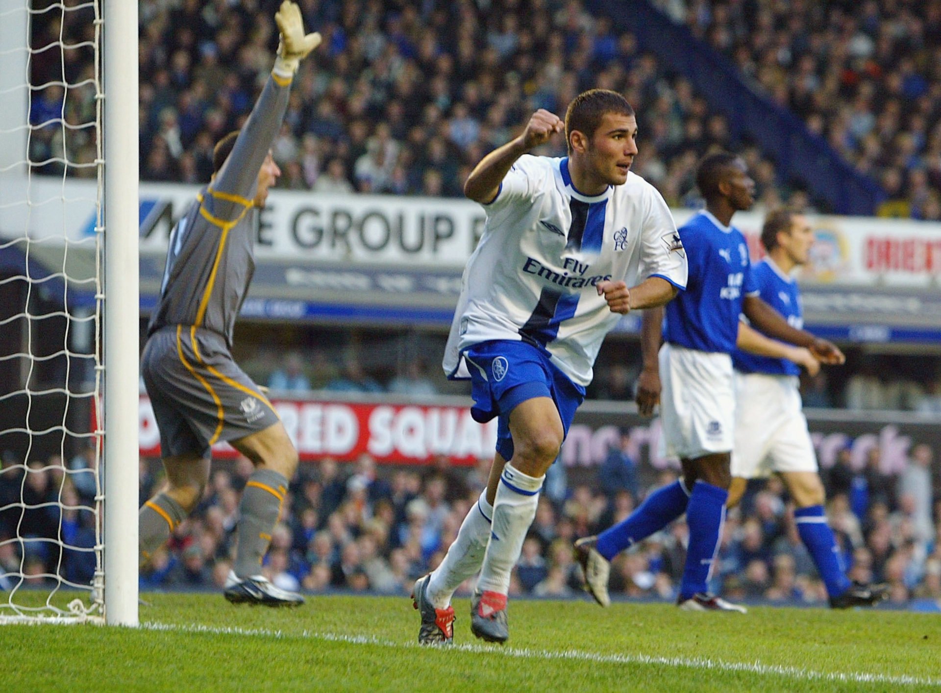 Adrian Mutu of Chelsea celebrates scoring the first goal against Everton during the FA Barclaycard Premiership match between Everton and Chelsea at...