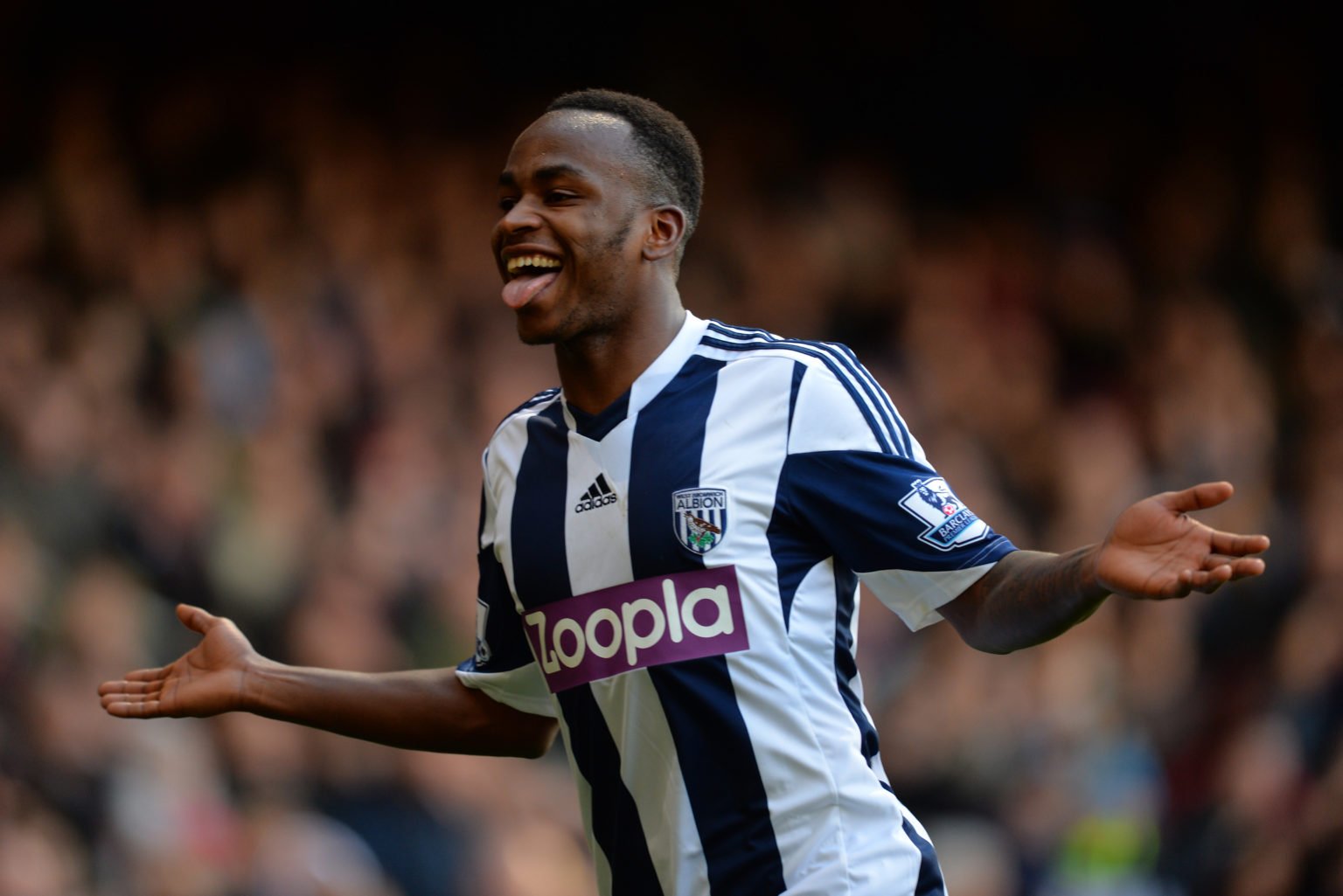 Saido Berahino of West Brom celebrates scoring their third goal during the Barclays Premier League match between West Ham United and West Bromwich ...