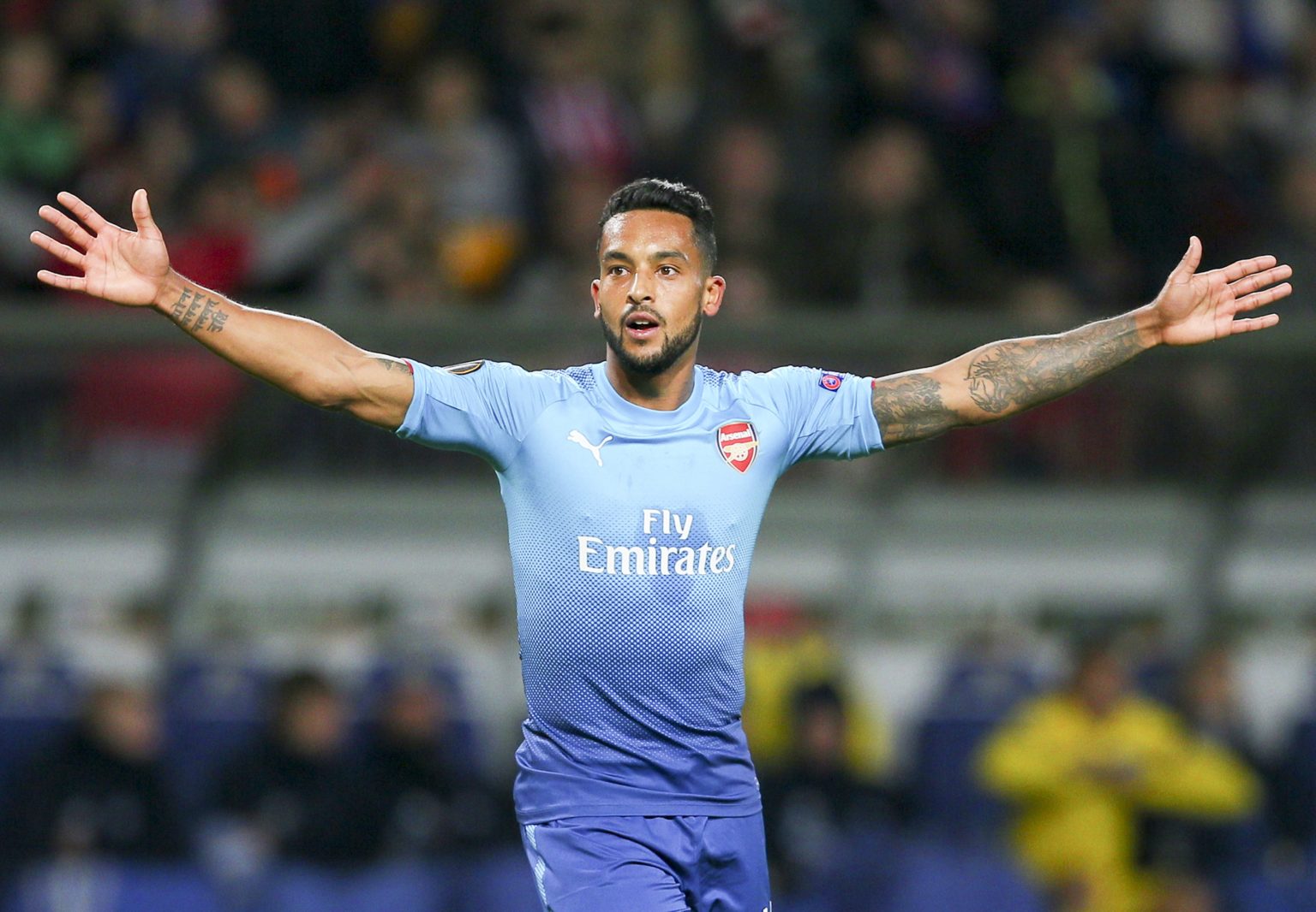 Theo Walcott of Arsenal FC celebrates a goal during the UEFA Europa League group H match between BATE Borisov and Arsenal FC at the Borisov-Arena s...