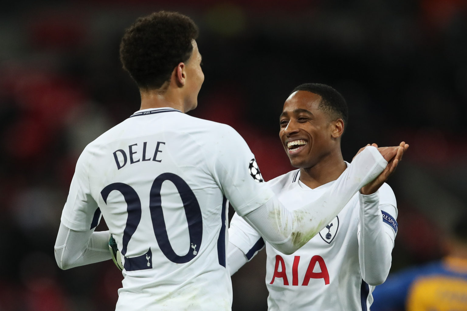 Dele Alli of Tottenham Hotspur and Kyle Walker-Peters of Tottenham Hotspur celebrate during the UEFA Champions League group H match between Tottenh...