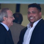 Real Valladolid's majority owner, Brazilian football legend Ronaldo (R) stands with Real Madrid's president Florentino Perez  before the Spanish Le...