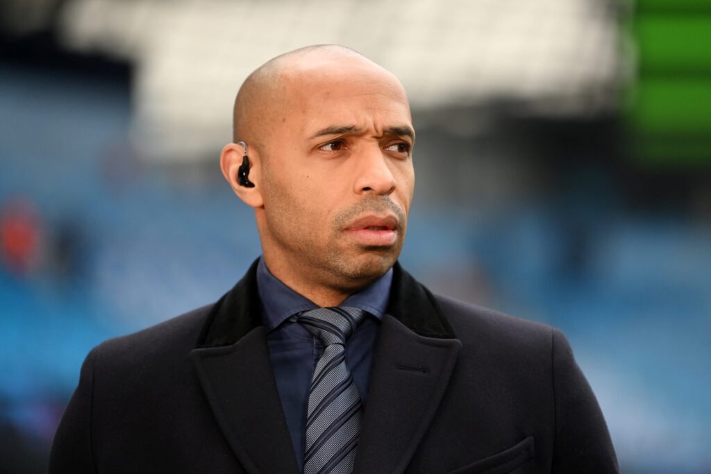 Thierry Henry, former Arsenal, FC Barcelona and France player looks on prior to the UEFA Champions League semi-final second leg match between Manch...