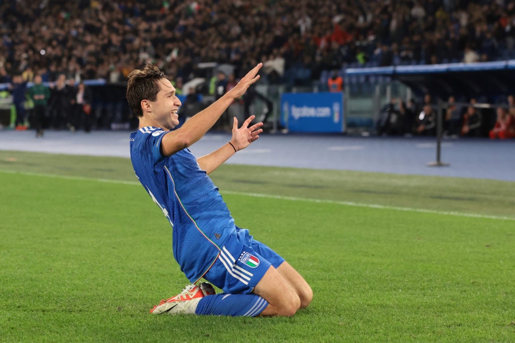 Federico Chiesa of Italy celebrates after scoring to give the side a 2-0 lead during the UEFA EURO 2024 European qualifier match between Italy and ...