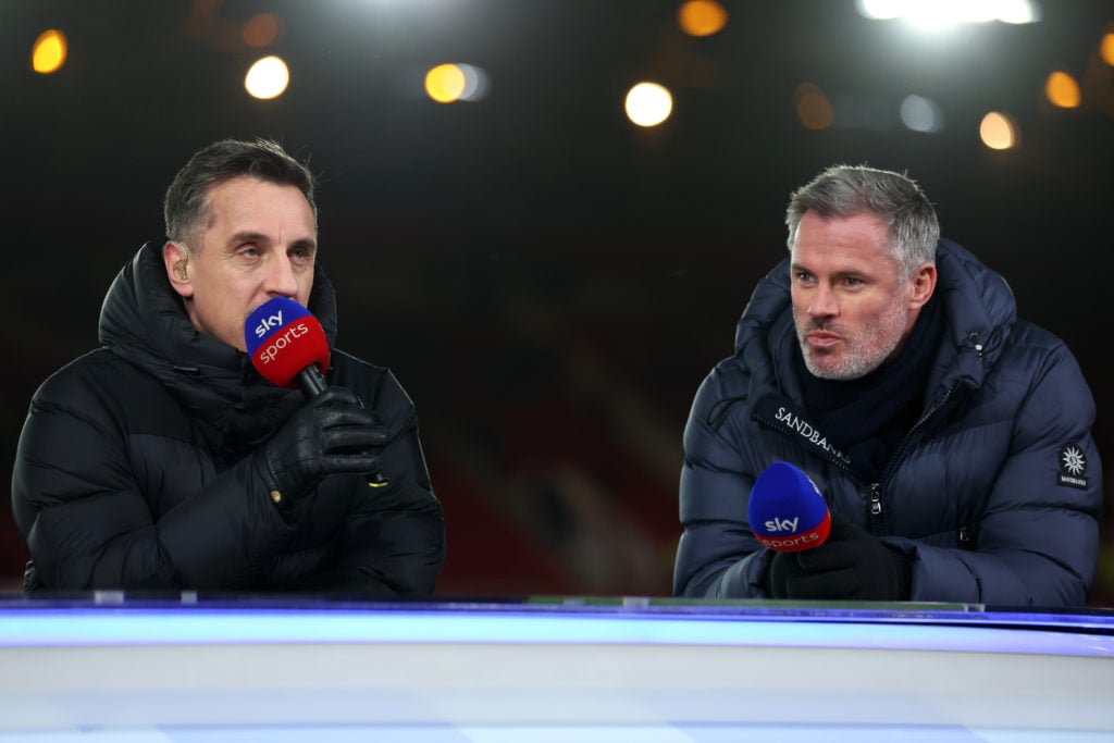 Sky Sports pundits Gary Neville and Jamie Carragher during the Premier League match between Nottingham Forest and Tottenham Hotspur at City Ground ...