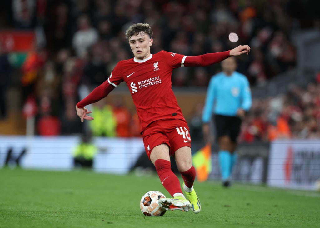 Bobby Clark of Liverpool on the ball during the UEFA Europa League 2023/24 round of 16 second leg match between Liverpool FC and AC Sparta Praha at...