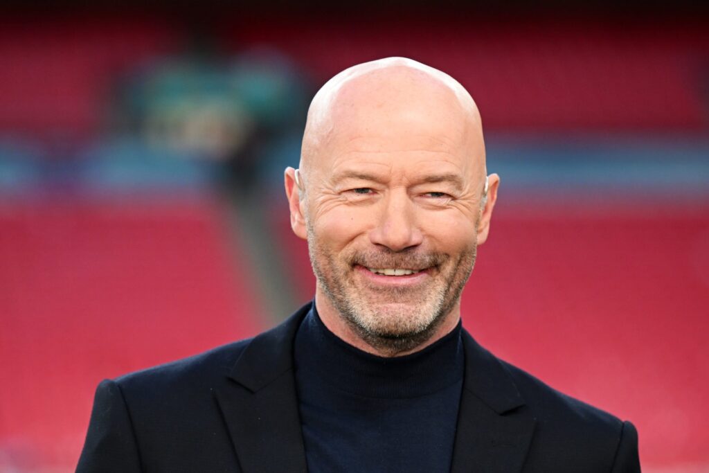 Alan Shearer looks on during the Emirates FA Cup Semi Final match between Manchester City and Chelsea at Wembley Stadium on April 20, 2024 in Londo...