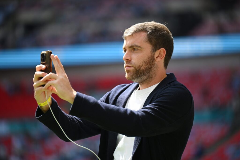 Football journalist Fabrizio Romano looks on during the Emirates FA Cup Final match between Manchester City and Manchester United at Wembley Stadiu...