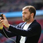 Football journalist Fabrizio Romano looks on during the Emirates FA Cup Final match between Manchester City and Manchester United at Wembley Stadiu...