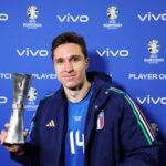 Federico Chiesa of Italy poses for a photo with the vivo Player Of The Match award after the team's victory in the UEFA EURO 2024 group stage match...