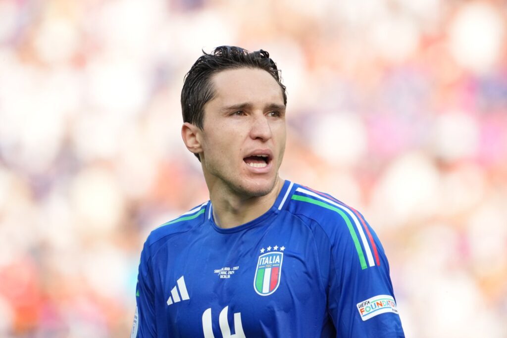 Federico Chiesa of Italy looks on during the UEFA EURO 2024 round of 16 match between Switzerland and Italy at Olympiastadion on June 29, 2024 in B...