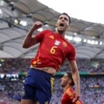 Mikel Merino of Spain celebrates scoring his team's second goal during the UEFA EURO 2024 quarter-final match between Spain and Germany at Stuttgar...