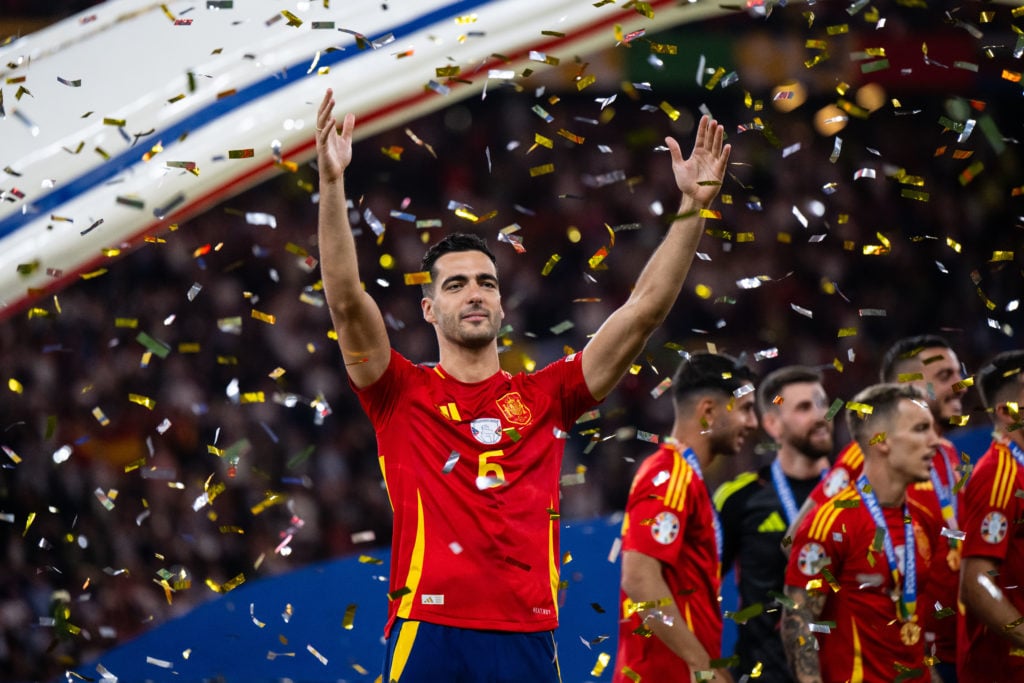 Mikel Merino of Spain celebrates victory after the UEFA EURO 2024 final match between Spain and England at Olympiastadion on July 14, 2024 in Berli...