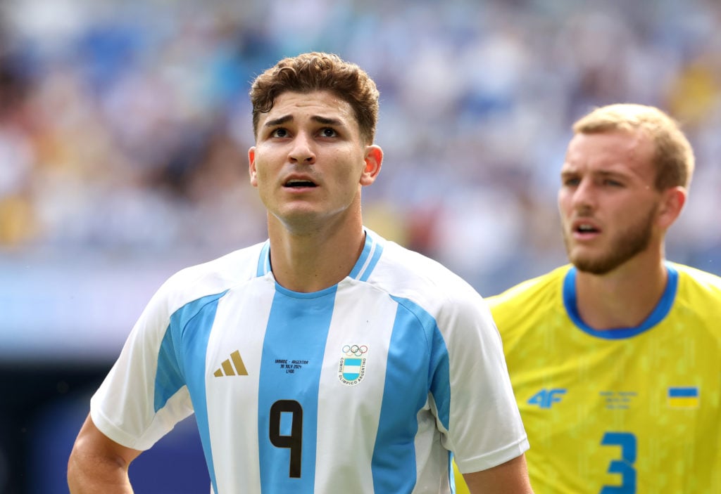 Julian Alvarez #9 of Team Argentina reacts during the Men's group B match between Ukraine and Argentina during the Olympic Games Paris 2024 at Stad...