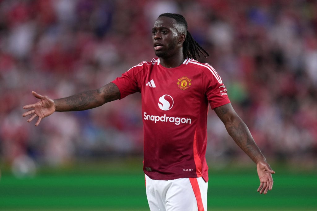 Aaron Wan-Bissaka #29 of Manchester United reacts during a pre-season friendly match against Liverpool at Williams-Brice Stadium on August 03, 2024...