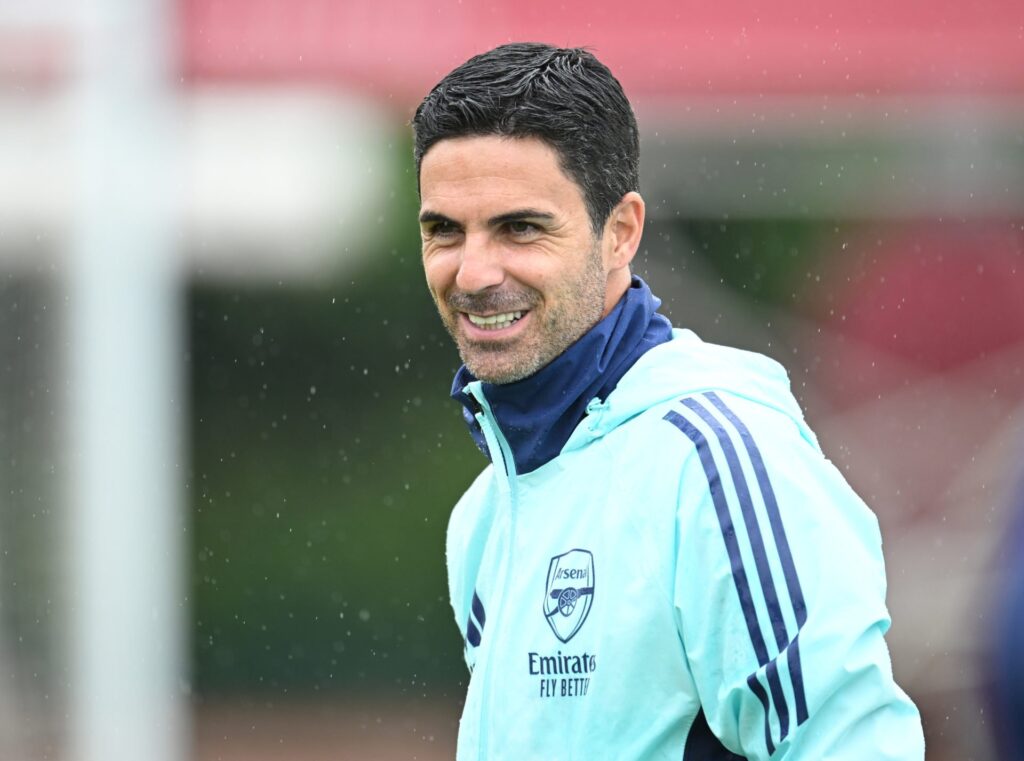 Arsenal manager Mikel Artet during a training session at Sobha Realty Training Centre on August 06, 2024 in London Colney, England.