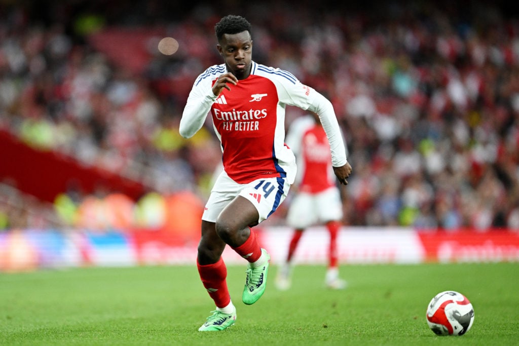 Eddie Nketiah of Arsenal controls the ball during the pre-season friendly match between Arsenal and Bayer 04 Leverkusen at Emirates Stadium on Augu...