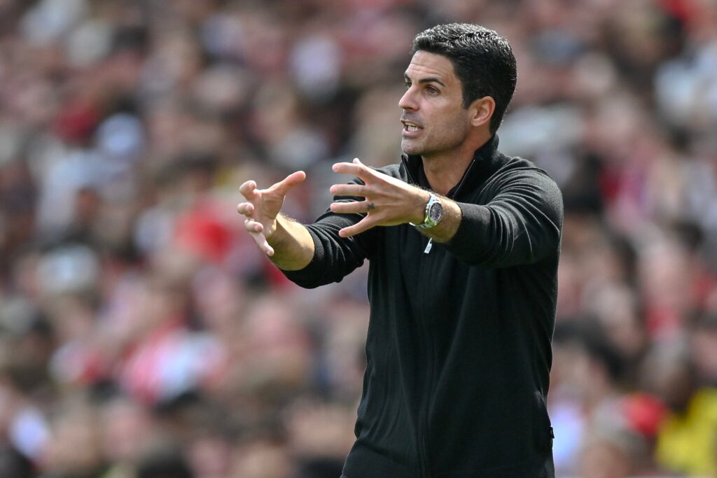 Mikel Arteta manager of Arsenal gestures during the pre-season friendly match between Arsenal and Olympique Lyonnais at Emirates Stadium on August ...