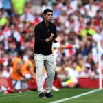 Mikel Arteta, Manager of Arsenal, reacts during the Pre-Season Friendly match between Arsenal FC and Olympique Lyonnais at Emirates Stadium on Augu...