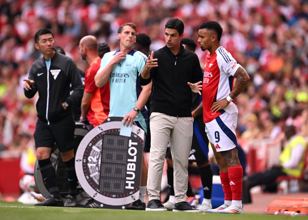 Mikel Arteta, Manager of Arsenal, talks to Gabriel Jesus of Arsenal during the Pre-Season Friendly match between Arsenal FC and Olympique Lyonnais ...