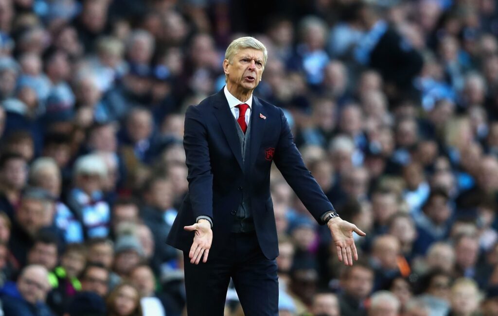 Arsene Wenger, Manager of Arsenal reacts during the Premier League match between Manchester City and Arsenal at Etihad Stadium on November 5, 2017 ...