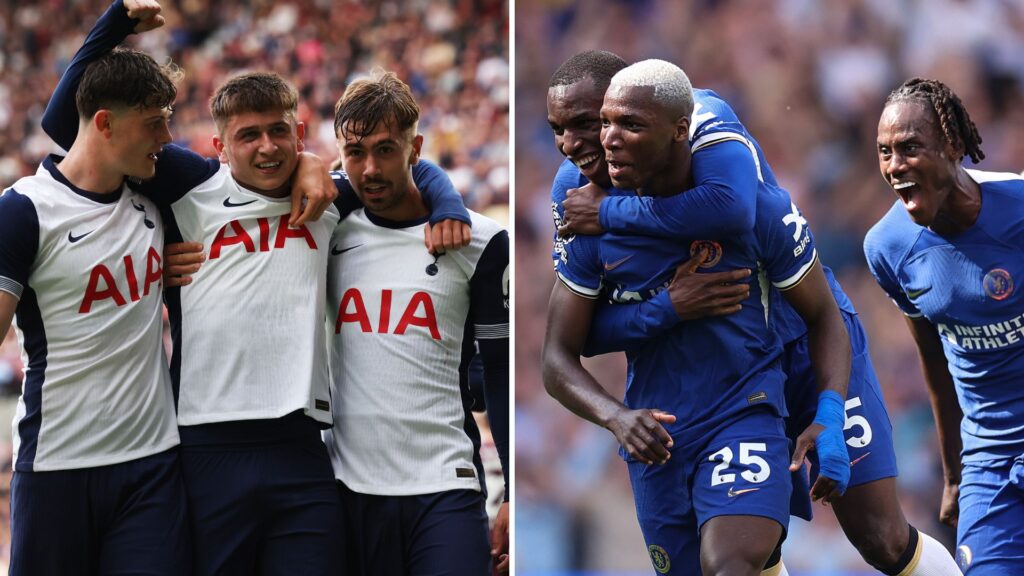 Split image of Tottenham Hotspur players and Chelsea players.