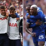 Split image of Tottenham Hotspur players and Chelsea players.