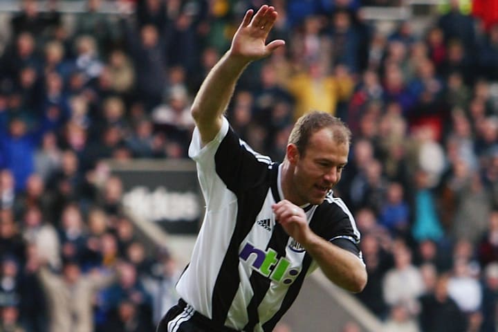 Alan Shearer of Newcastle United celebrates scoring Newcastle United's first goal 