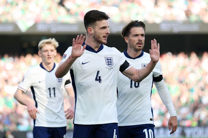 Declan Rice reacts to scoring for England against Ireland in Dubli