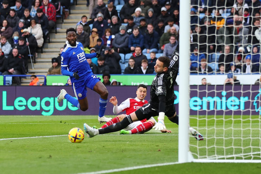 Gabriel Martinelli of Arsenal scores their sides first goal during the Premier League match between Leicester City and Arsenal FC at The King Power...