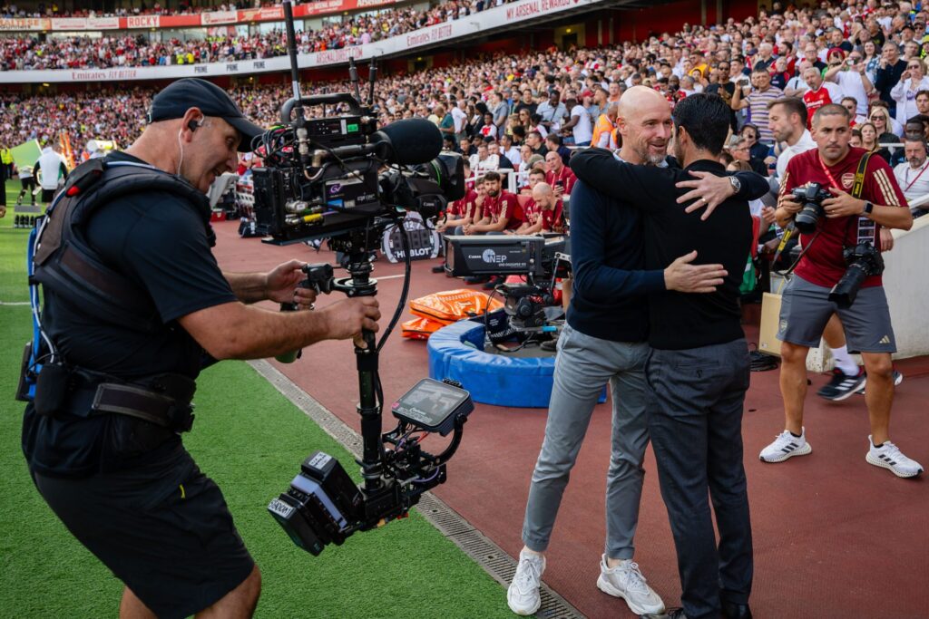 Manager Erik ten Hag of Manchester United hugs Manager Mikel Arteta of Arsenal ahead of the Premier League match between Arsenal FC and Manchester ...